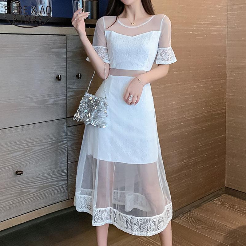 

Casual Dresses Korean Summer Dress Women Mesh Stitching Short Sleeve Party High Waist Lace Sexy OL Long Robe Femme 14569, Black;gray