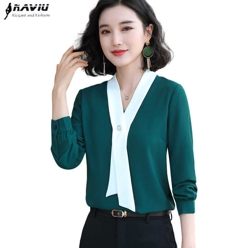 

Chiffon Shirt Women Elegant Fashion V Neck Long Sleeve Slim Patchwork Blouses Office Ladies Plus Size Work Tops 210604, White