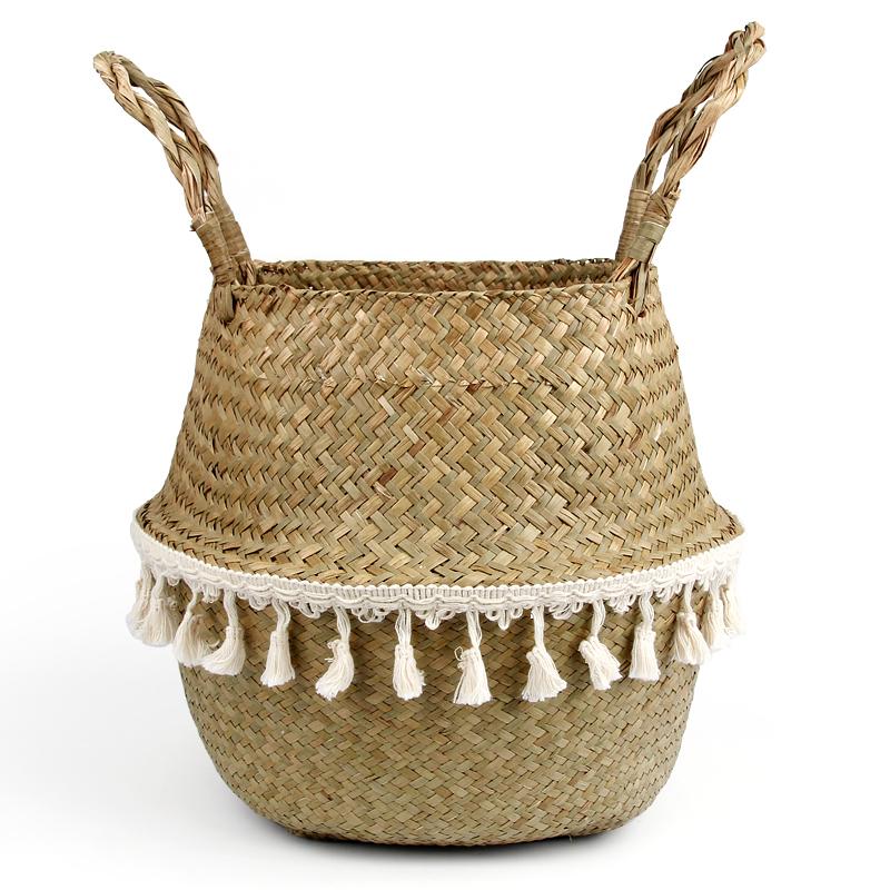 

Handmade Bamboo Storage Baskets Foldable Laundry Straw Patchwork Wicker Rattan Seagrass Belly Garden Flower Pot Planter Basket