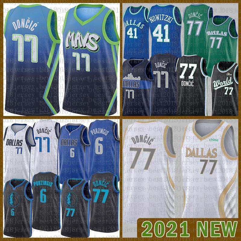 

2021 New Basketball Jersey Dallas Mavericks Mens Luka Kristaps 6 Porzingis 77 Doncic Dirk 41 Nowitzki Mesh Retro Multi mens, Black;red