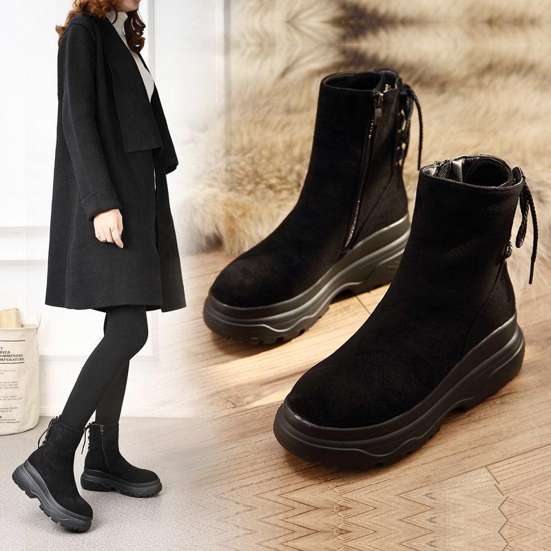 

Boots Korean Version Of Women British Style Short Thick-soled Tube Cotton, Black shanli