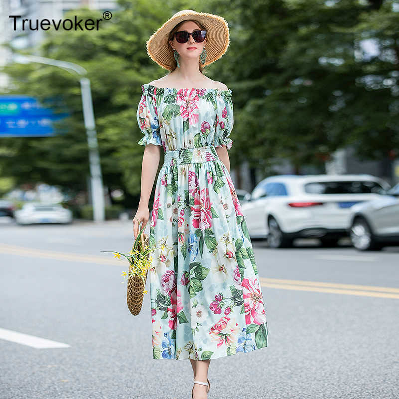 

Truevoker European Runway Fashion Holiday Dresse's Off The Shoulder Flower Print Midi Party Dress 210602, Sky blue