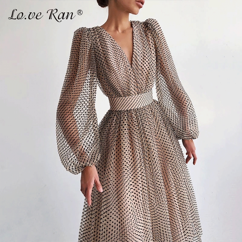

Polka Dot High Waist Midi Dresses Women V-Neck Sweet Long Puff Sleeve Elegant Dress Female 2021 Christmas Lady Party Vestidos 210303, White 1