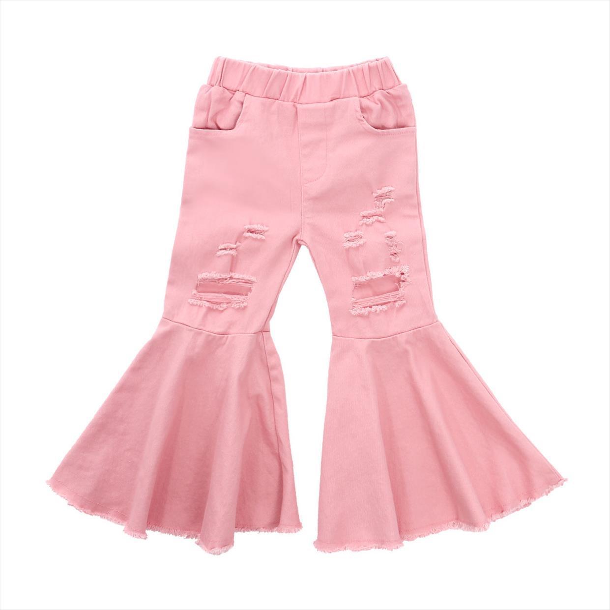 

3 7y toddler kid girl flare pants denim jeans bell bottoms solid ripped trousers pink black, Blue