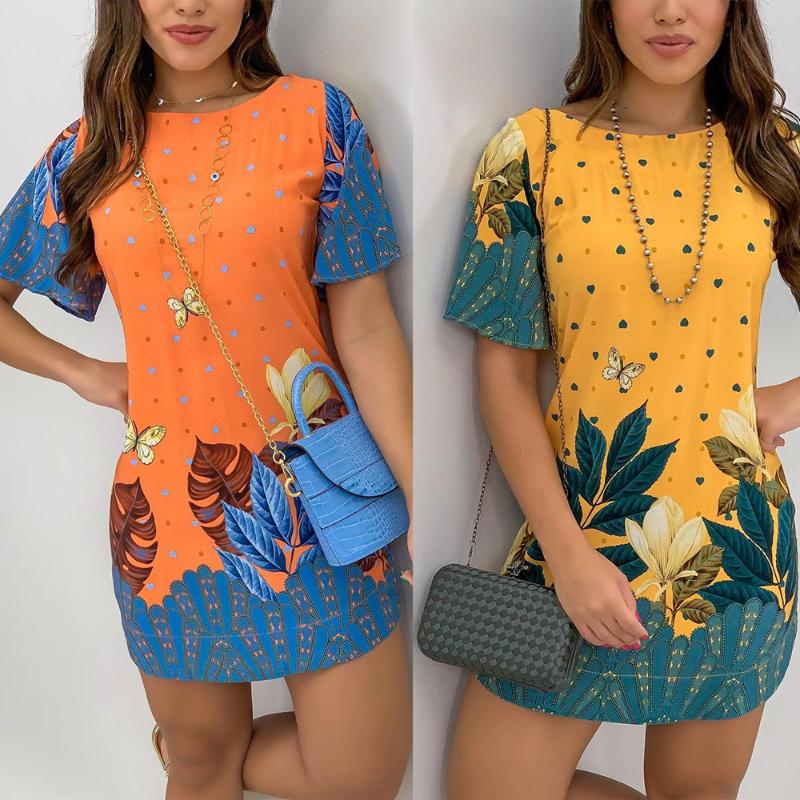 

Casual Dresses Women Summer Dress, Adults Plant & Heart Print Round Neck Short Sleeve Dress, Orange