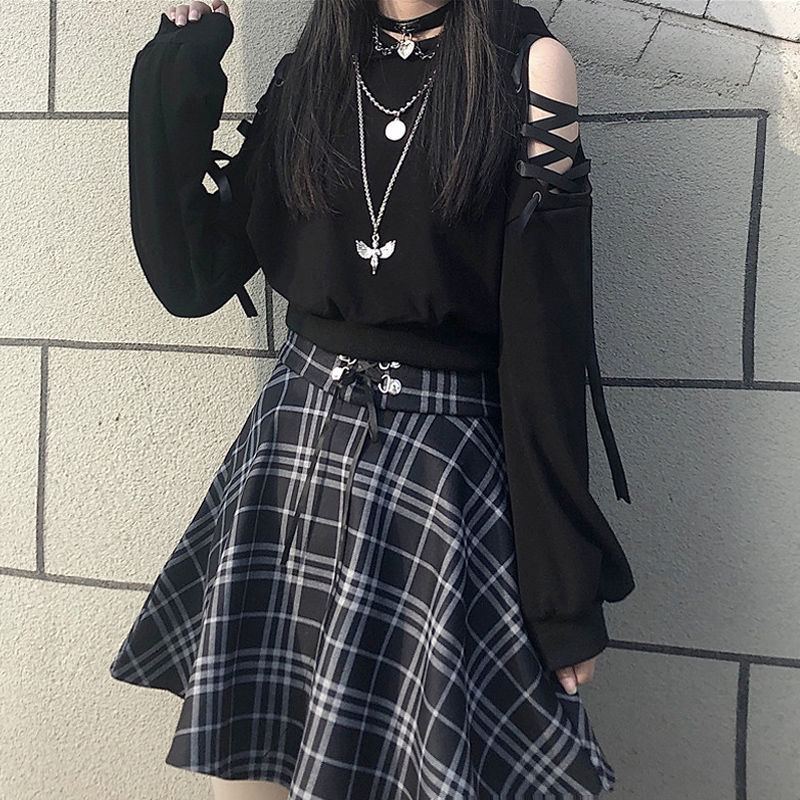 

New Deeptown Style Gothic Sweatshirt 2021 Fashion Spring Hoodies Women Long Sleeve Streetwear Hollow Out Pullover 3ycg, Black