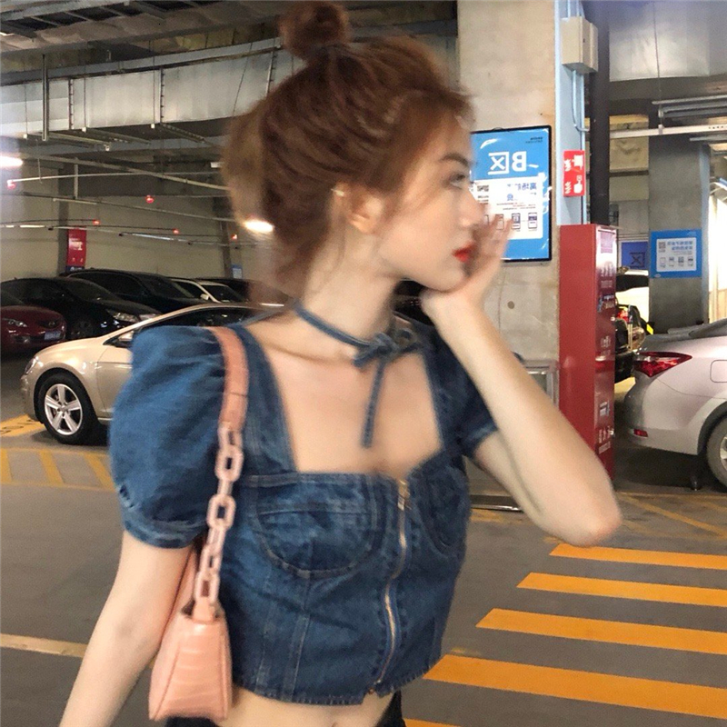 

2021 New Summer Square Collar Denim Women Crop Tops Designer Backless T-shirt Cropped Jean Tumblr Sexy Short Sleeve t Shirt Ijgi, Blue