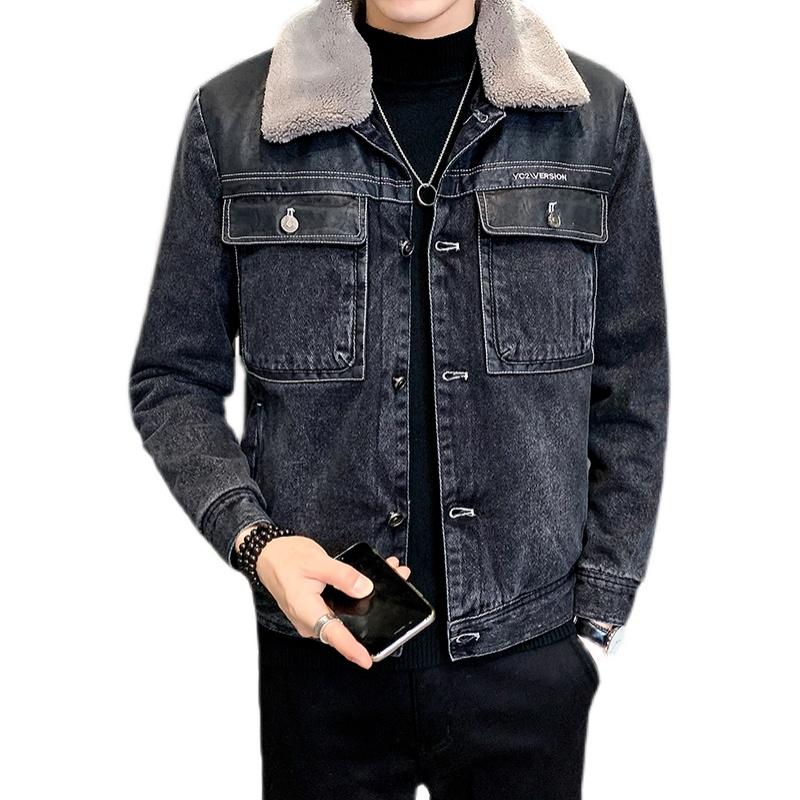 

Men's Jackets Luxury Fur Collar Mens Winter Coats Velvet Thick Casual Denim Jean Jacket Men Clothing Clothes Coat Outerwear, Black