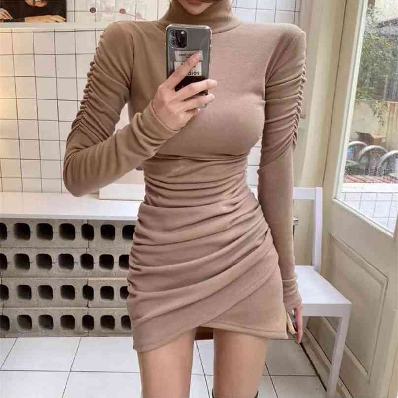

koreant spring style Mid-length slim dress with high collar and irregular hem fashion thin sexy office party for women dresses 210602, Black