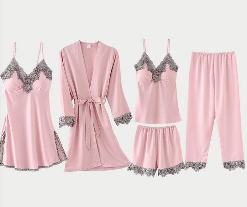 

Spring Women Pajamas 5 PCS Satin Sleepwear Pijama Lace Wear Home Clothing Embroidery Sleep Lounge Pyjama with Chest Pads SY030105, As pictures
