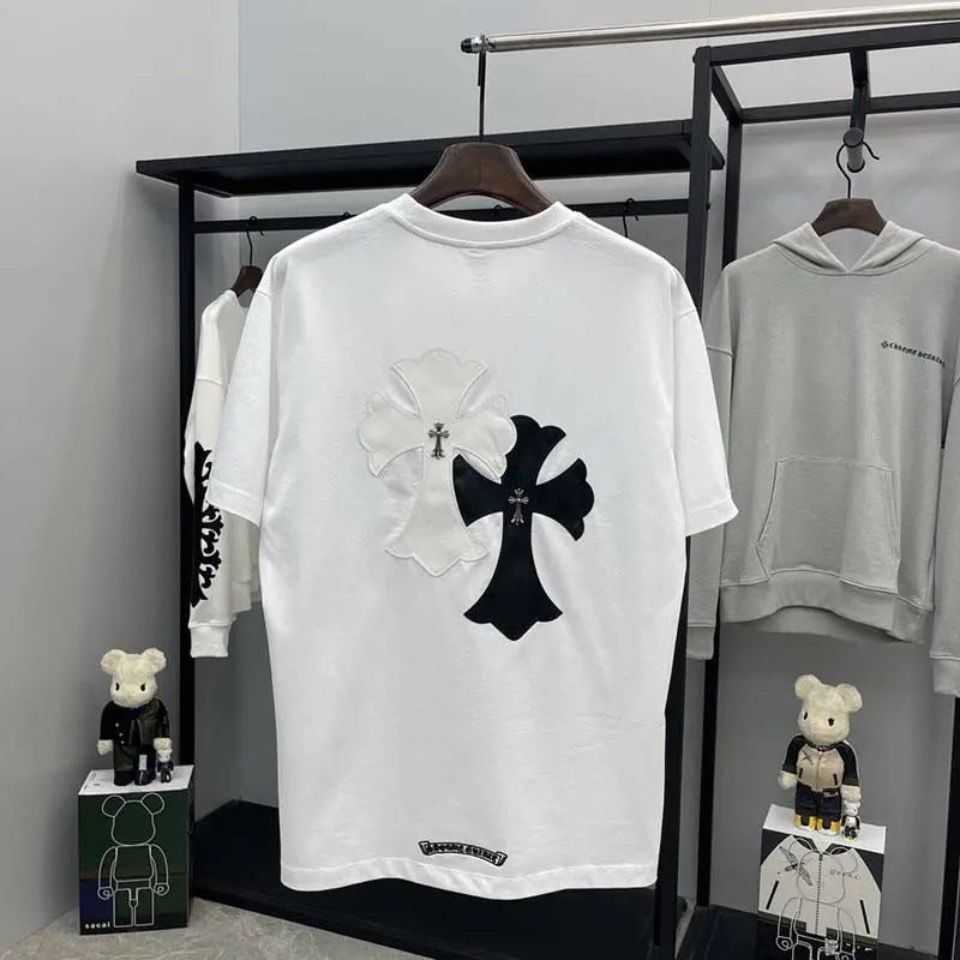 

21 summer new ins fashion brand chest cross with leather embroidery casual round neck short sleeve T-shirt for men and women, White;black