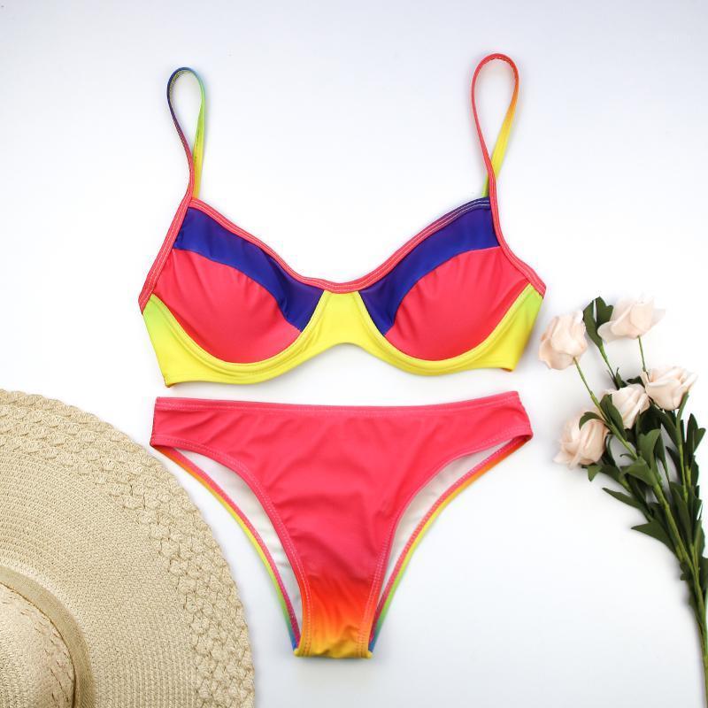 

Women' Swimwear 2021 Fashion Women Sexy Bikini Floral/Rainbow Print Swimsuit Push Up Padded Bra+Trunks Panties Bathing Suit Beachwear