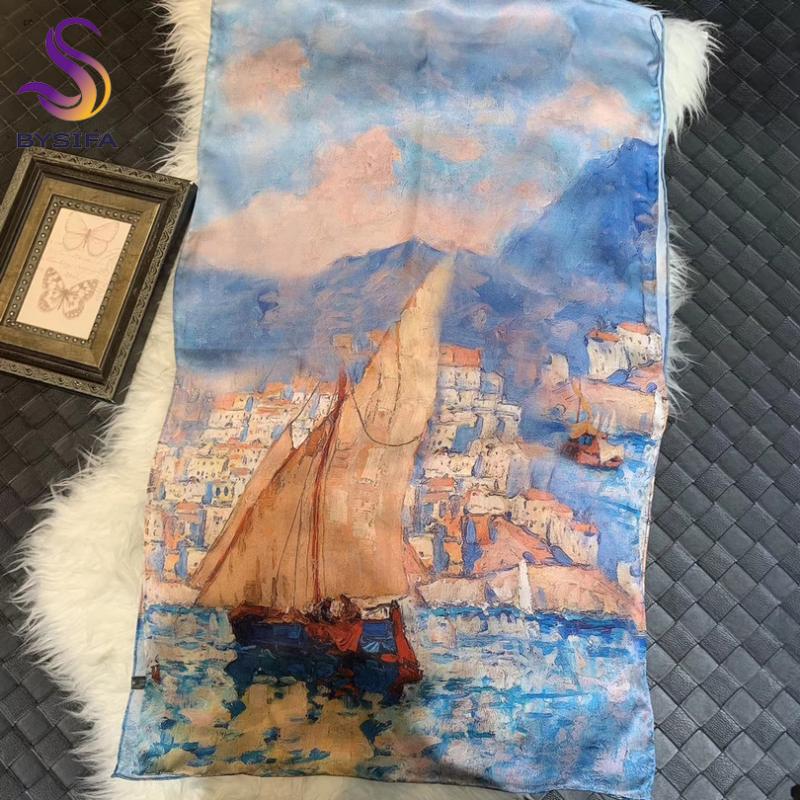 

Scarves [BYSIFA] Oil Painting Style Ladies Long Spring Fall Brand Seaside Town Design Khaki Blue 100% Pure Silk Scarf Shawl