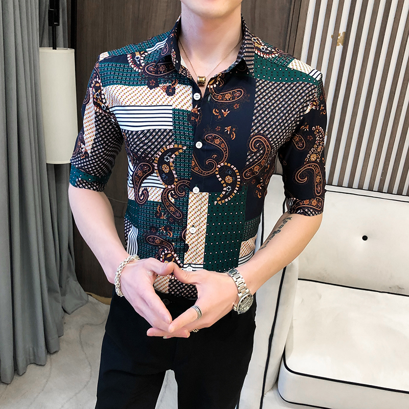 

New Alta Qualidade De Luxo Do Vintage Impresso Camisas Para Roupas Masculinas 2021 Primavera Vero Meia Manga Vestido Blusa Homme Todo o Jogo, Green