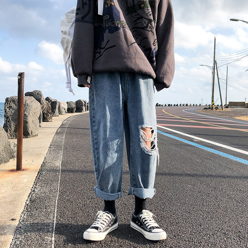 

2021 New Men' Light Blue Color Holes Cowboy Casual Baggy Homme Haren Pants Cargo Pocket Jeans Biker Denim Trousers Size -2xl 5hij, Black