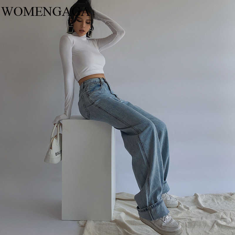 

WOMENGAGA High Waist Wide-leg Pants Autumn Jean's Slimming All-match Straight Loose Vertical Mop SMDT 210603, Light blue