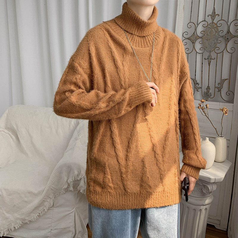 

2021 New Winter Turtleneck Sweater Men's Warm Fashion Retro Casual Knitted Pullover Loose Korean Knitting Sweaters Men Clothes -2xl Bqoj, Brown
