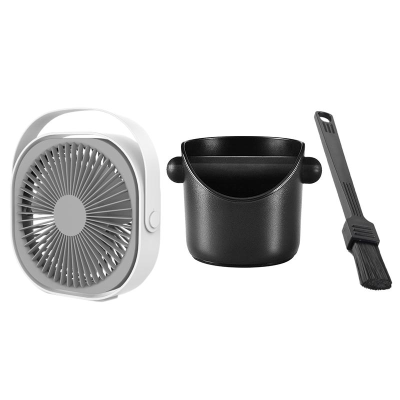 

Desktop Fan Quiet USB Rechargeable Personal Fan White Gray with Coffee Grounds Box Grounds Trough Coffee Knocking Bucket