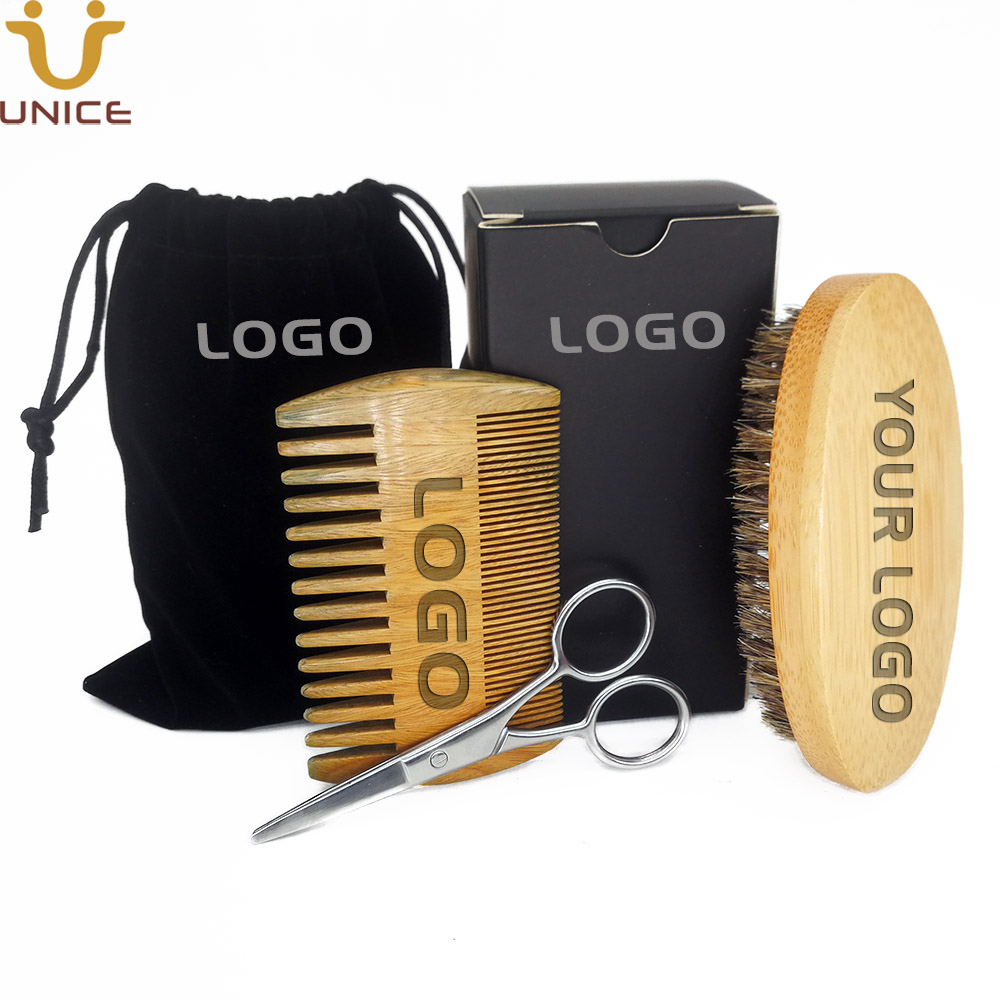 

MOQ 100 sets Customize LOGO Beard Kit Boar Bristle Brush and Dual Sided Green Sandalwood Combs With Custom Gift Box Bag