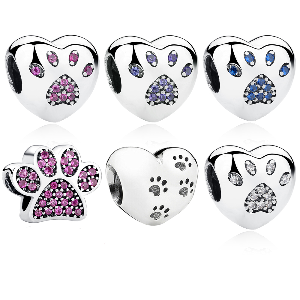 

925 Sterling Silver My Sweet Pet Paw Print Charm fit pandora Original BW Bracelet Necklace Heart Bead Accessories Jewelry Making Q0531
