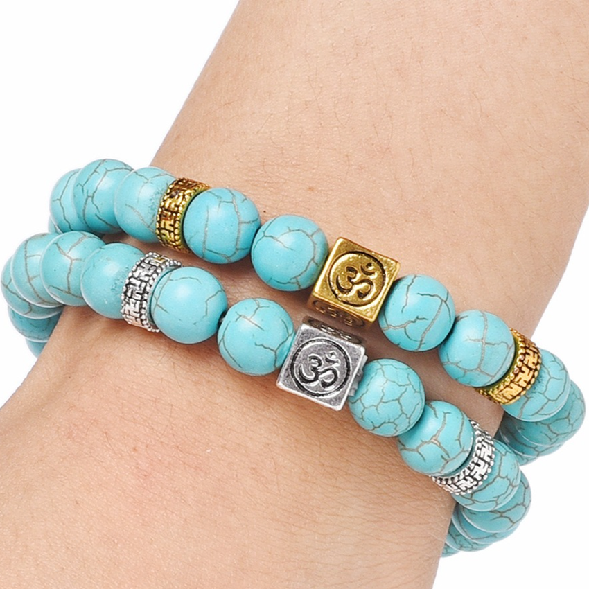 

8mm Yoga beaded strands Bracelet Gemstone Turquoise Beads Ancient Silver Gold Box Natural Stone Bracelets for women men fashion jewelry will and sandy, Black