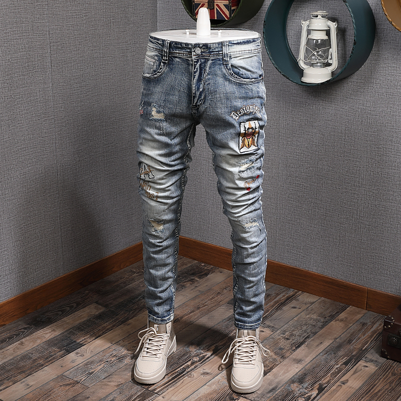 

2021 New Fashion Brand Embroidered Denim Hole Patch Hommes Stretch Casual Personality Slim Fit Pant Jeans Trouser for Men R5yk, Picture
