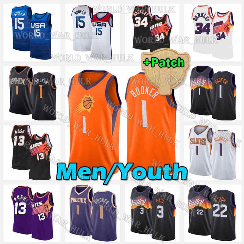 

2021 Finals Basketball Jersey 15 Devin 1 Booker Chris 3 Paul Steve 13 Nash Charles 34 Barkley Phoenix Deandre 22 Ayton Suns Jerseys Patch Orange, Men jersey