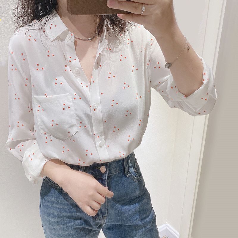 

2021 New Vermelho Estrelas Impresso Mulheres Camisa De Seda Natural Senhoras Manga Longa Escritrio Wear Blusa Feminina Camisas Topo Com Bols, Black