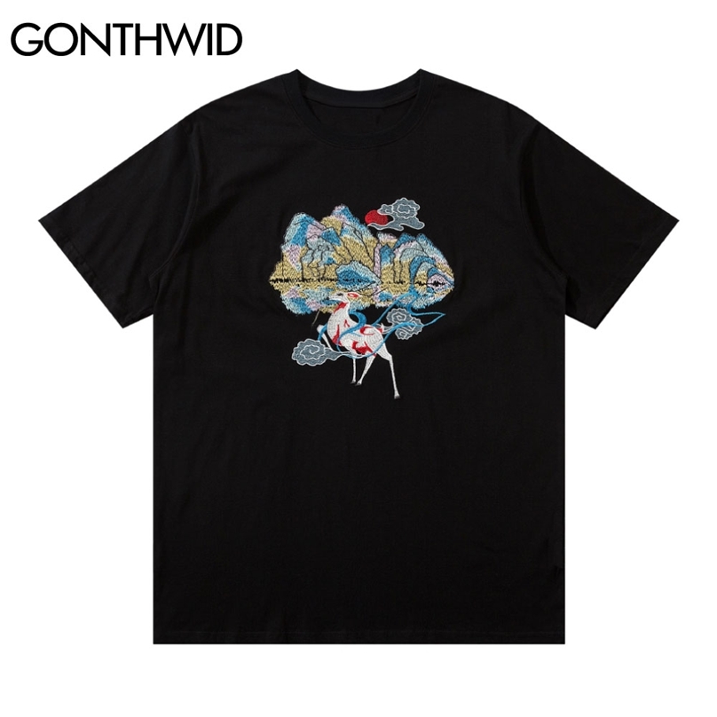 

T-Shirts Japanese Style Embroidery Deer Mountain Tees Harajuku Casual Cotton Tshirts Streetwear Hip Hop Fashion Tops 210602, White