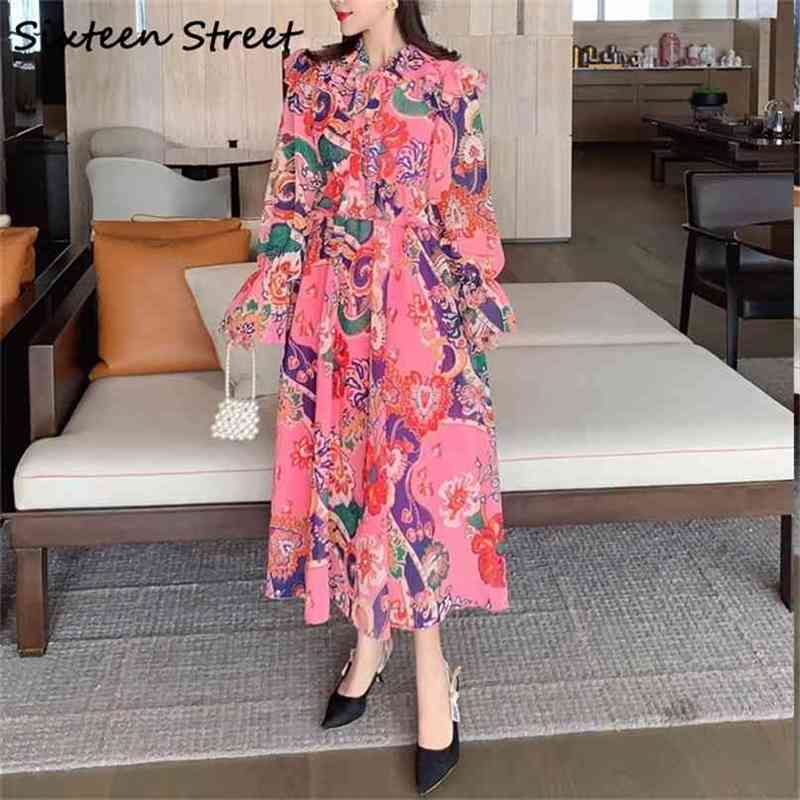 

Pink Printed V-neck Woman' Dress Vintage Elegant Maxi Vestidos Lace Up Long Sleeve Runway Dresses Female Spring Cloth 210603