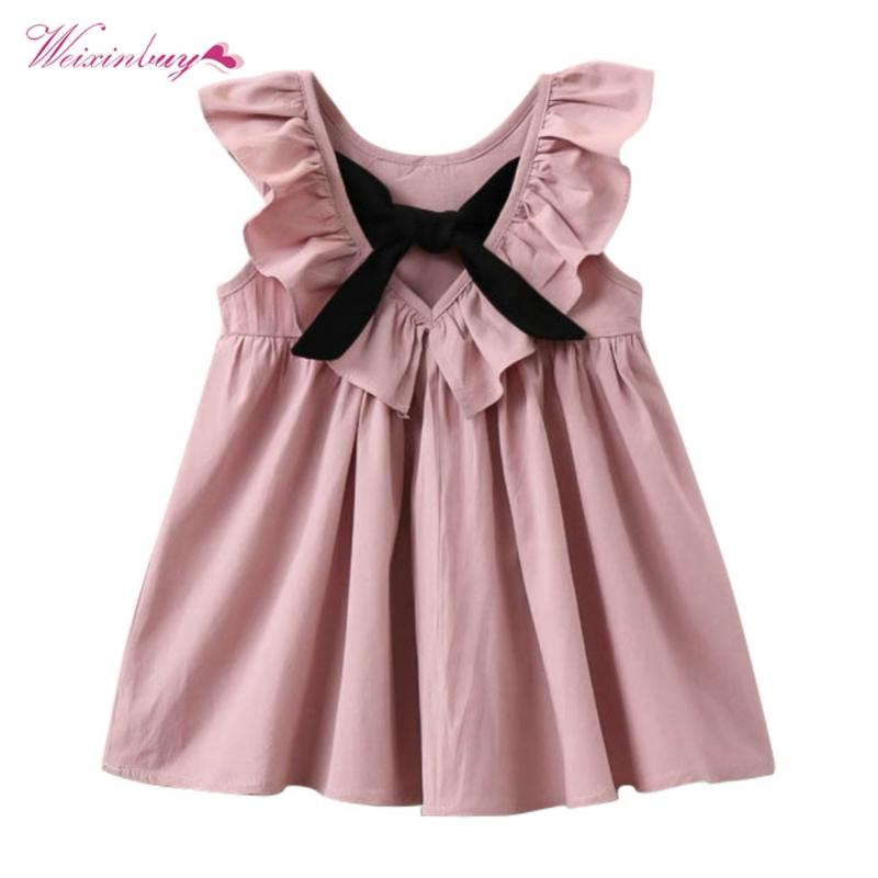 

2021 Summer Baby Girl Bow Dress Sleeveless Ruffle Back Lace Up Dresses Infantil Vestidos A26