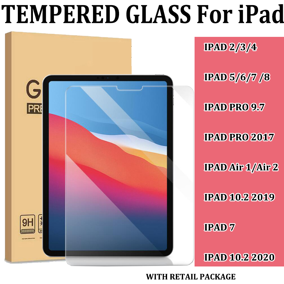 

For IPAD 8 7 6 5 4 3 2 1 PRO 2017 IPAD AIR 1 2 9.7 inch ipad 10.2 2020 10.2 inch Tempered Glass Screen Protector with retail box