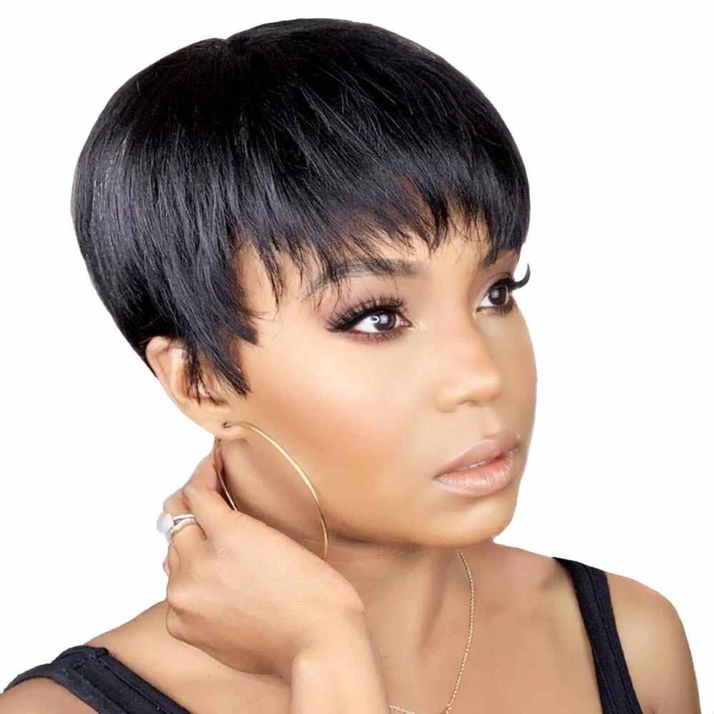 

Pixie Cut Short straight Human Hair Wigs For Black Women None Lace Front Wigs With Bangs