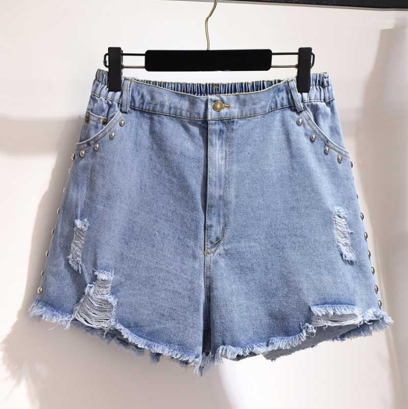 

Plus Size Summer Ripped Holes And Beaded Straight Wide Leg Denim Shorts For Women Women's Jeans, Blue