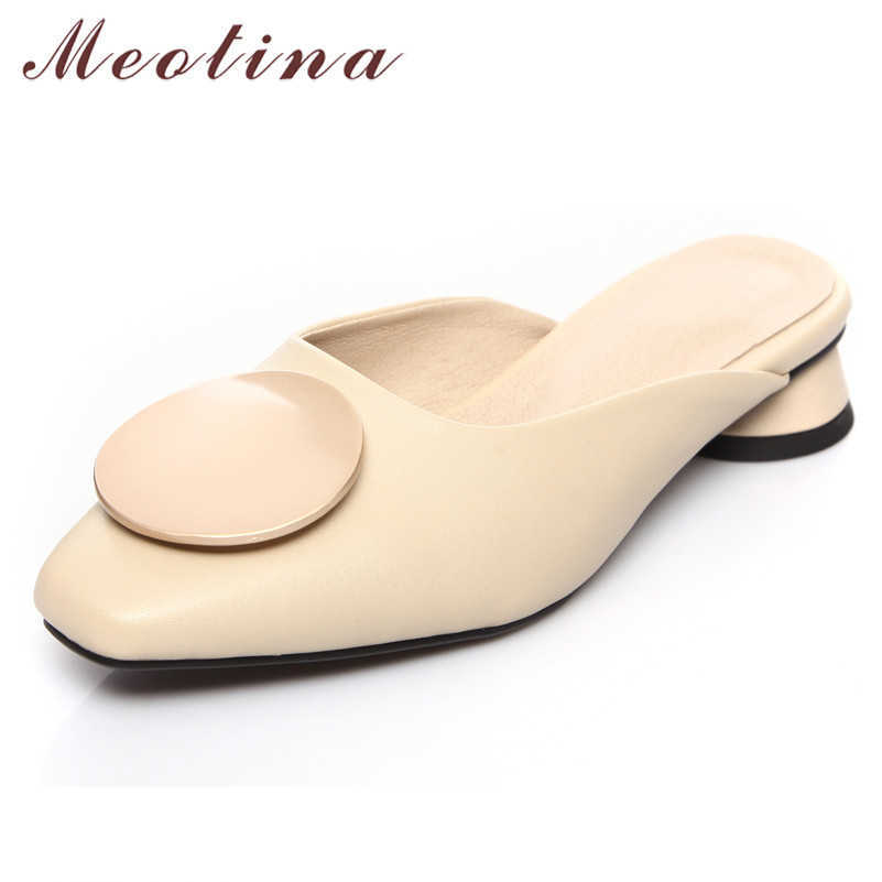 

Meotina Metal Decoration Low Heels Mules Pumps Square Toe Thick Heel Shoes Women Summer Leisure Footwear Lady Beige Big Size 43 210608