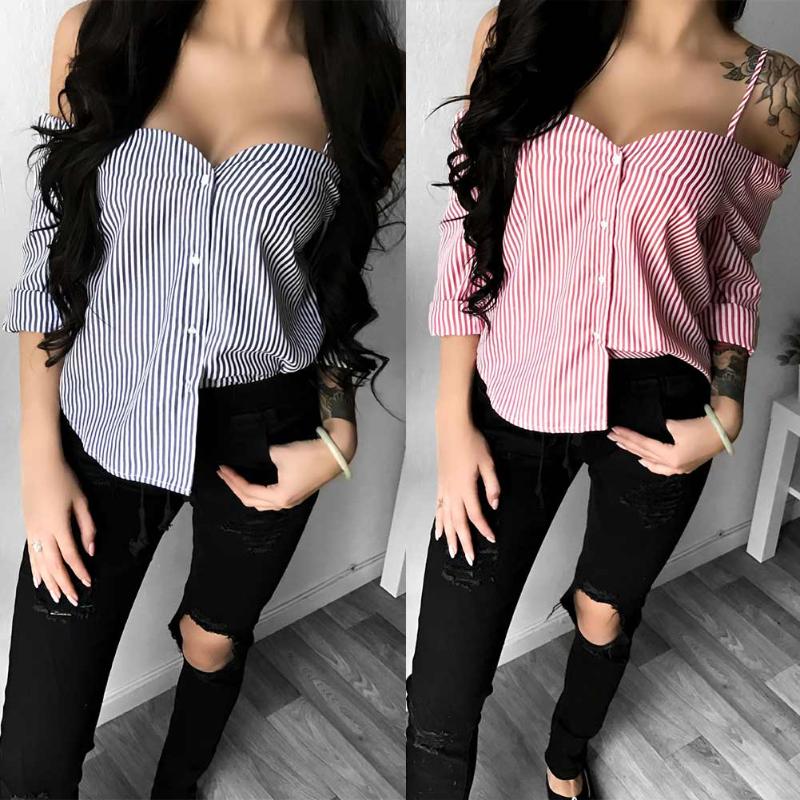 

Sexy Women Striped Strap Off Shoulder Blouse Casual Long Sleeve Shirt Crop Tank Tops SER88 Women's Blouses & Shirts, Blue