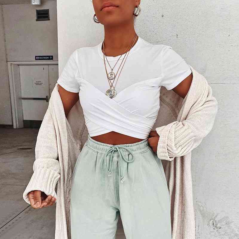 

Euro American style summer women' round neck short sleeve bandage slim fit short open navel T-shirt 210602, White