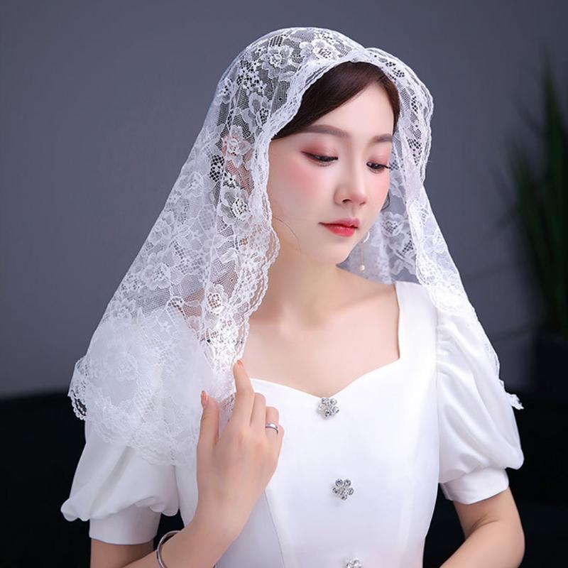 

Bridal Veils Chapel Veil Mantilla Latin Mass Flower Embroidered Head Covering Lace Edge Scarf For Confirmation Baptism 2 Colors, White