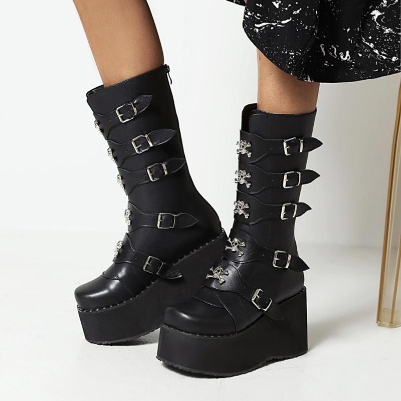 

Boots Ochanmeb Bottes Steampunk Multi Metal Buckle Strap With Skull Charm Shoe Women Chunky Wedge Heels Light Foam Platform Boot, Black punk boots