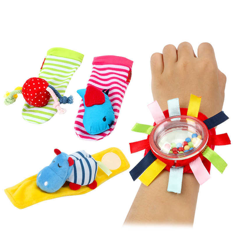 

2pcs/Bag Baby Rattles Toys Ainmal Socks Wrist Strap Infant Soft Handbells Hand Watch Cartoon Educational Christmas Gift Kids Toys