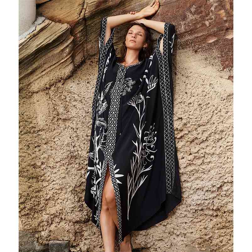 

Plus size Beach Cover up Boho Women Dress Black Print Beachwear Casual Loose Pareo Kaftan Bikini Coverup 210629, Blue