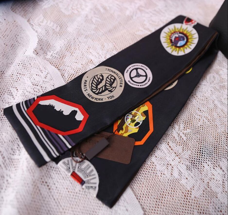 

Fashion Print Small Rectangle Scarf Headband Brand Silk Scarves Female Can For Handbags, Blue;gray