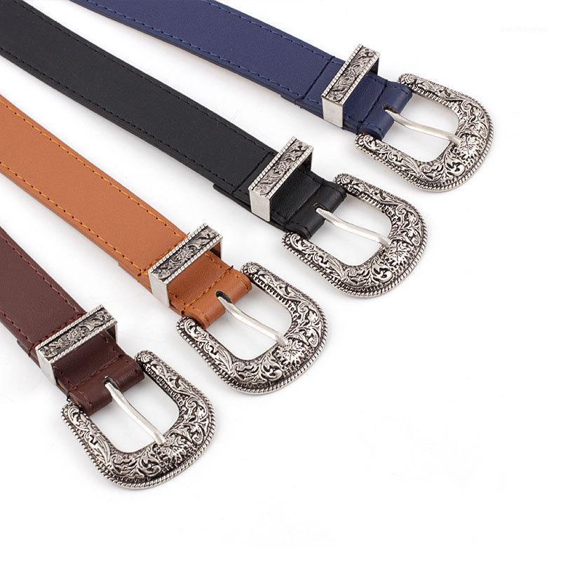 

Belts Q Fashion Leather Belt For Women Metal Pin Carved Buckle Waist Vintage Western Ladies Waistband Cinturon Mujer, Black;brown