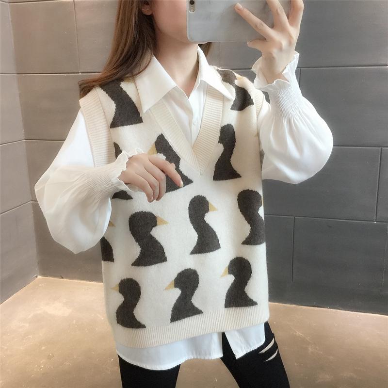 

Women's Sweaters 21464 (on No. 6, Row 2, Room 1) Real Time Cartoon Color Matching V-neck Knitted Vest [1133] 40, White;black