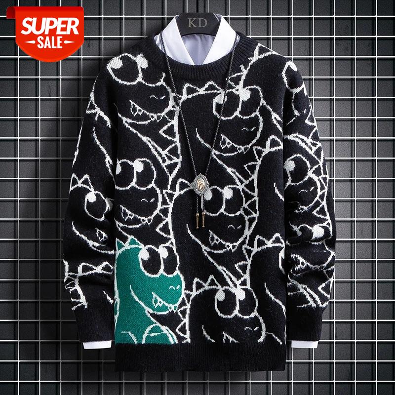 

Harajuku Knitted Sweaters Men Hip Hop Loose Pullover dinosaur Printed Sweater funny Streetwear Male Winter #LV5M, White;black