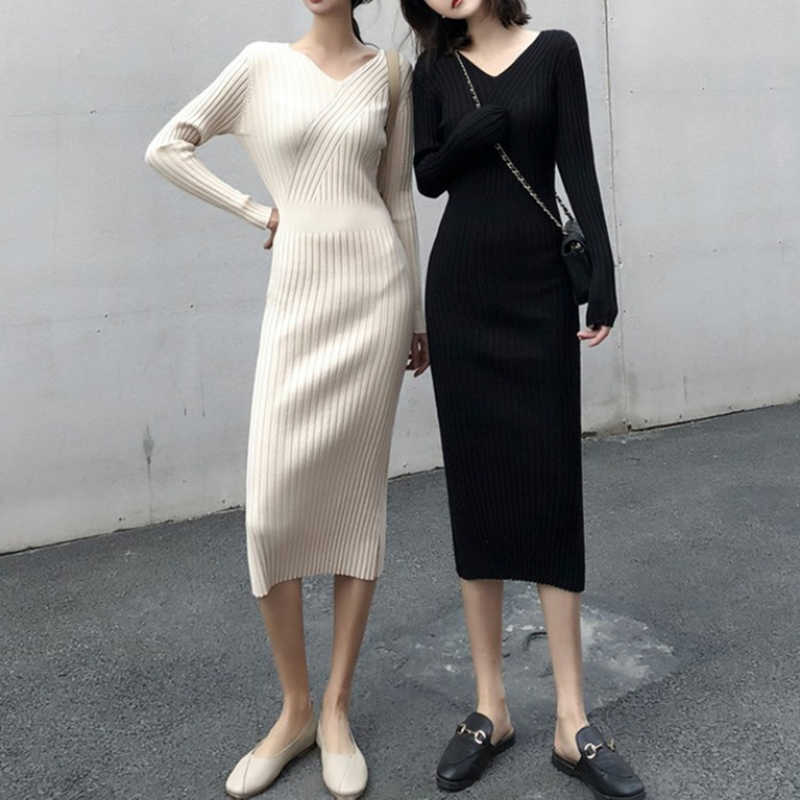 

Elegant Kintted Slim Women Dress Long Sleeve Mid-Calf Stretch Bodycon Small Size Office Lady Spring Autumn Bottoming Dress W178 210526, Beige