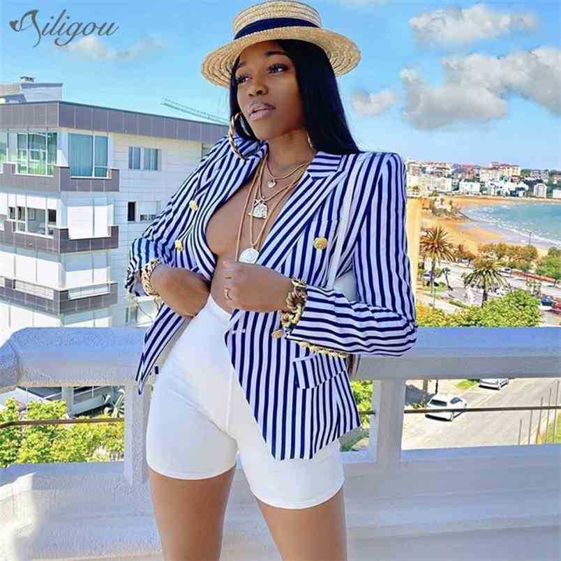 

Summer High Quality Long Sleeves Classic Stripe Fitted Suit Double Breasted Metal Lion Head Buckle Blazer 210525, Blue