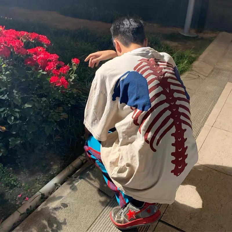 

2021 New Colorful Skeleton Bone Printing Kapital T-shirt Men Women Cotton Oversize Bae Embroidery Apricot Black Tee Tops Aq30