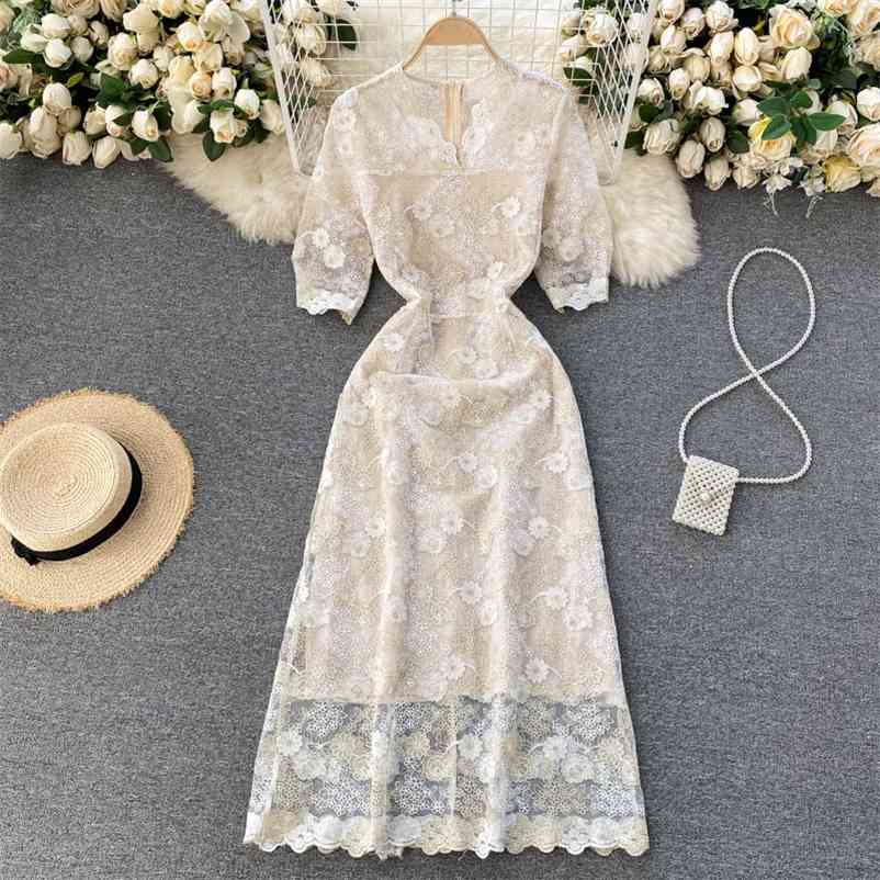 

Summer Gold Thread Crocheted Flower Embroidery Lace Dress Vestidos Elegant Cocktail Retro Robe Femme Party Pencil 210525, White