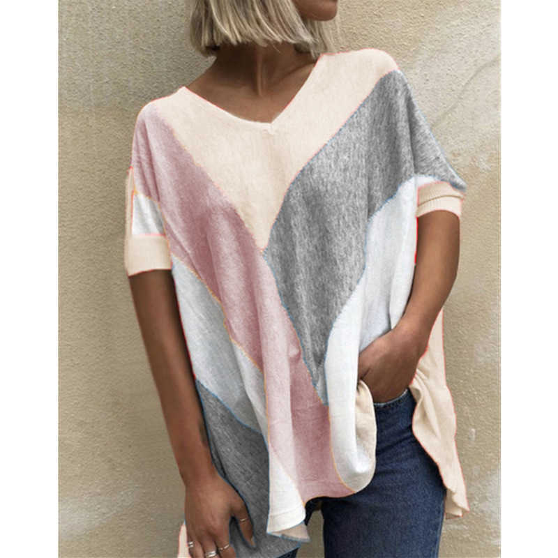 

Summer V-neck Color Matching Printed Tshirt Women Loose Casual Womens Tops And Blouses Tie-dye Twill Cross 5xl Womens Clothes 210608, Gray